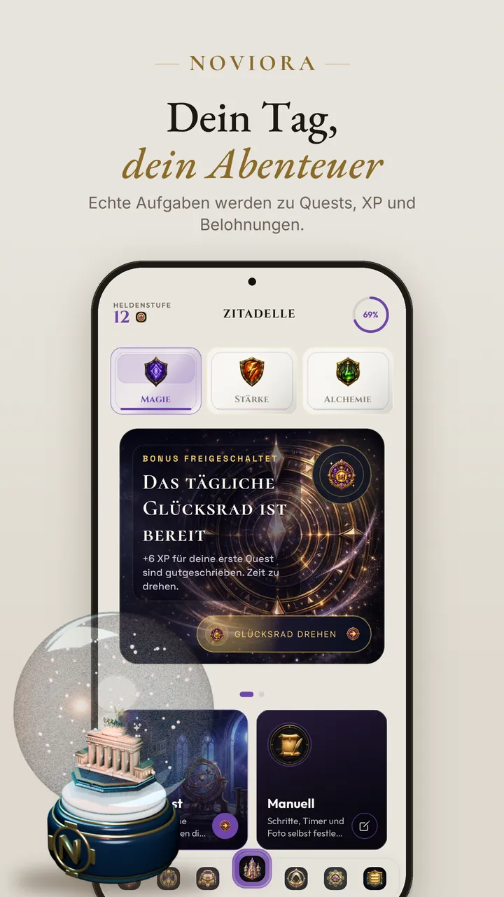 Bildschirm der Noviora-App: Tägliche Quests