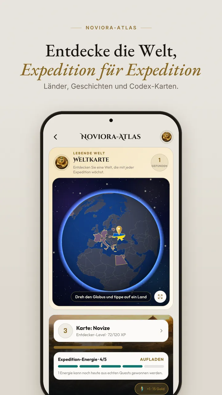 Bildschirm der Noviora-App: Atlas-Expeditionen