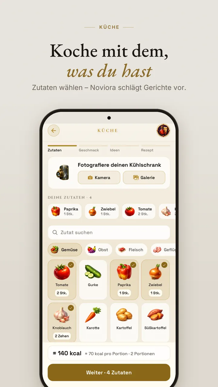 Bildschirm der Noviora-App: Kalorientagebuch
