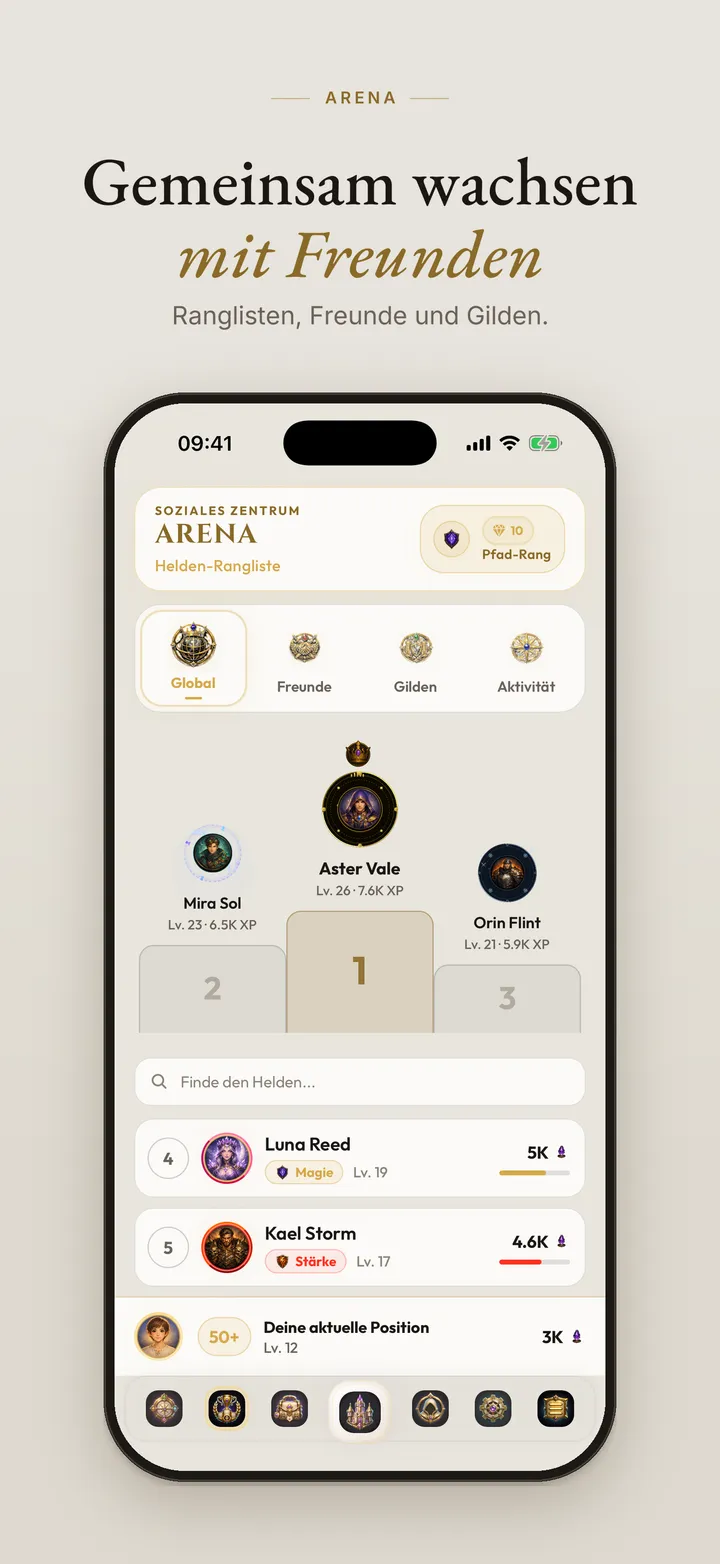 Bildschirm der Noviora-App: Freunde und Gilden