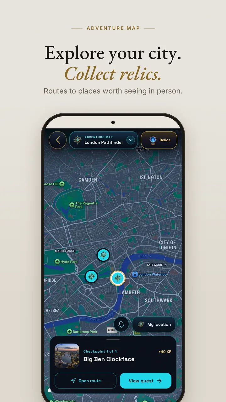 Noviora app screen: Adventures