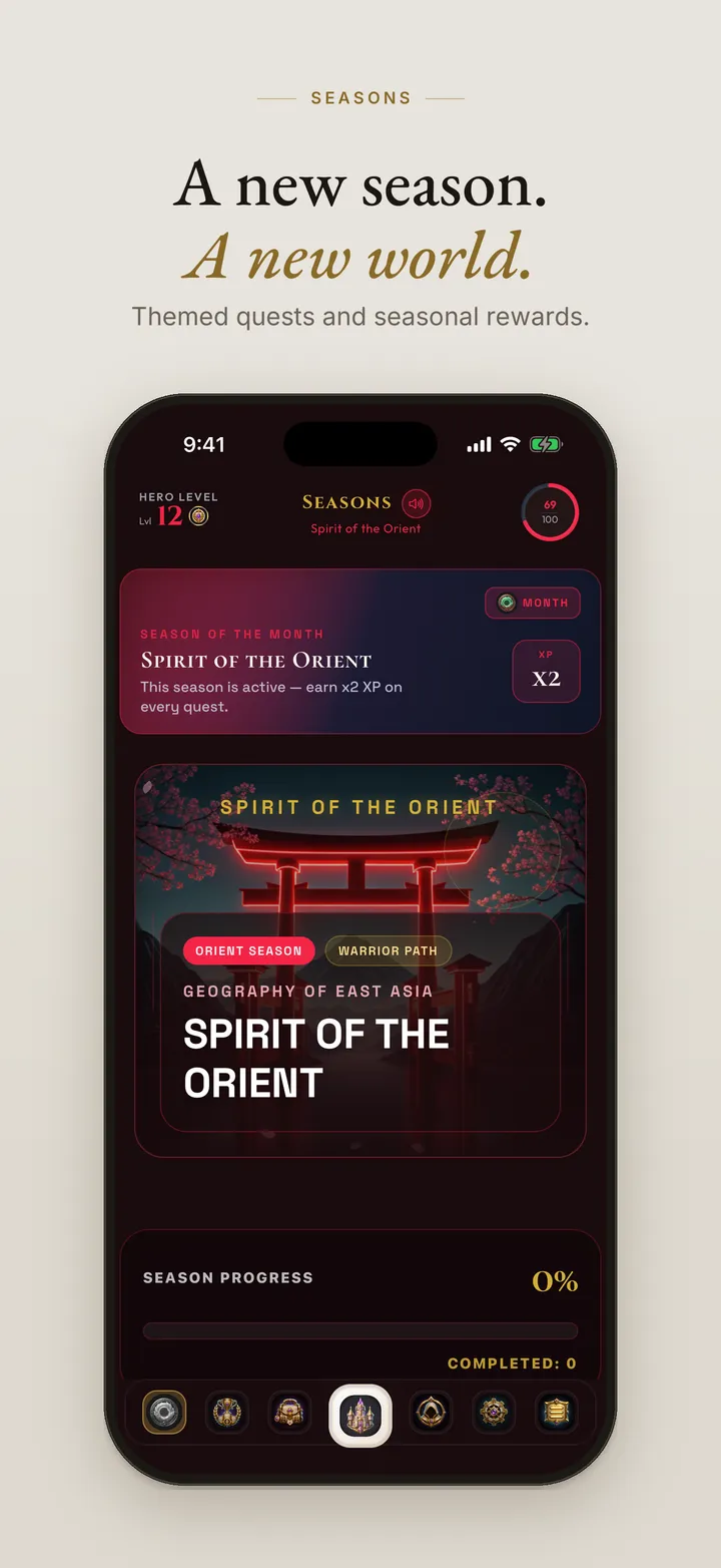 Noviora app screen: Seasons