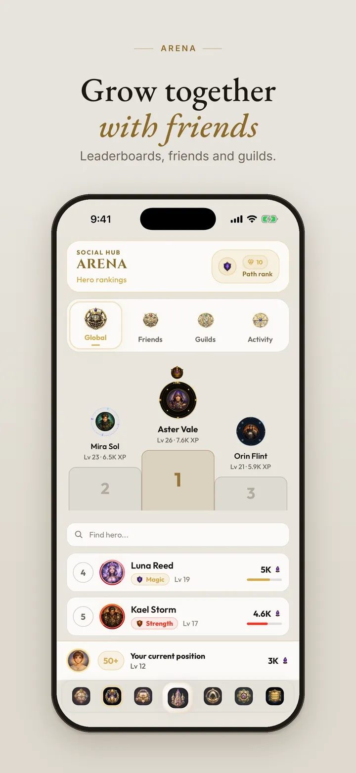 Noviora app screen: Friends and guilds